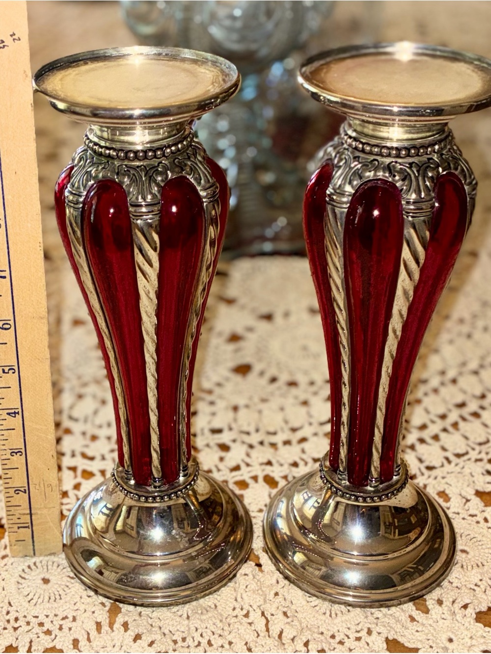 Vintage MCM Bubble Glass Decorative Red Glass and Silver Candle Holders - Pair - Picture 7 of 11